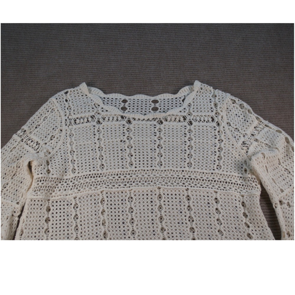 Boho Cream Cotton Crochet Open Knit Bell Sleeve Blouse Top M/L - Picture 3 of 9